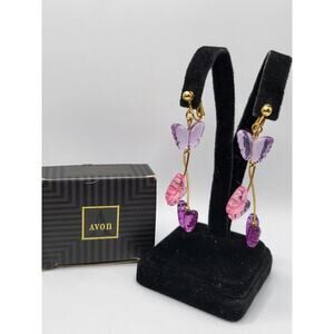 Vintage Avon Butterfly Dazzling Dangle Earrings Clip On Pink Purple Boxed